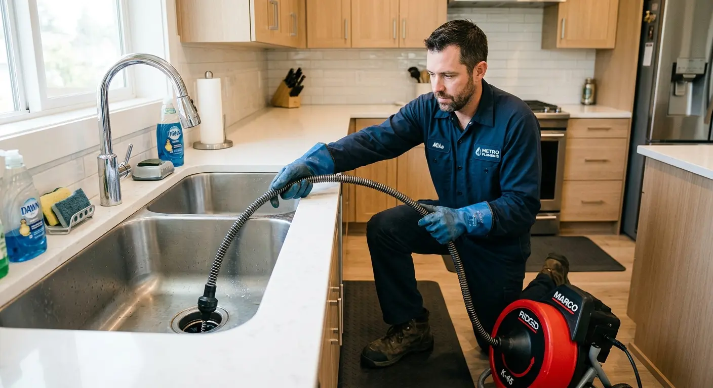 Drain cleaning technician using a motorized snake on a kitchen sink in Abingdon
