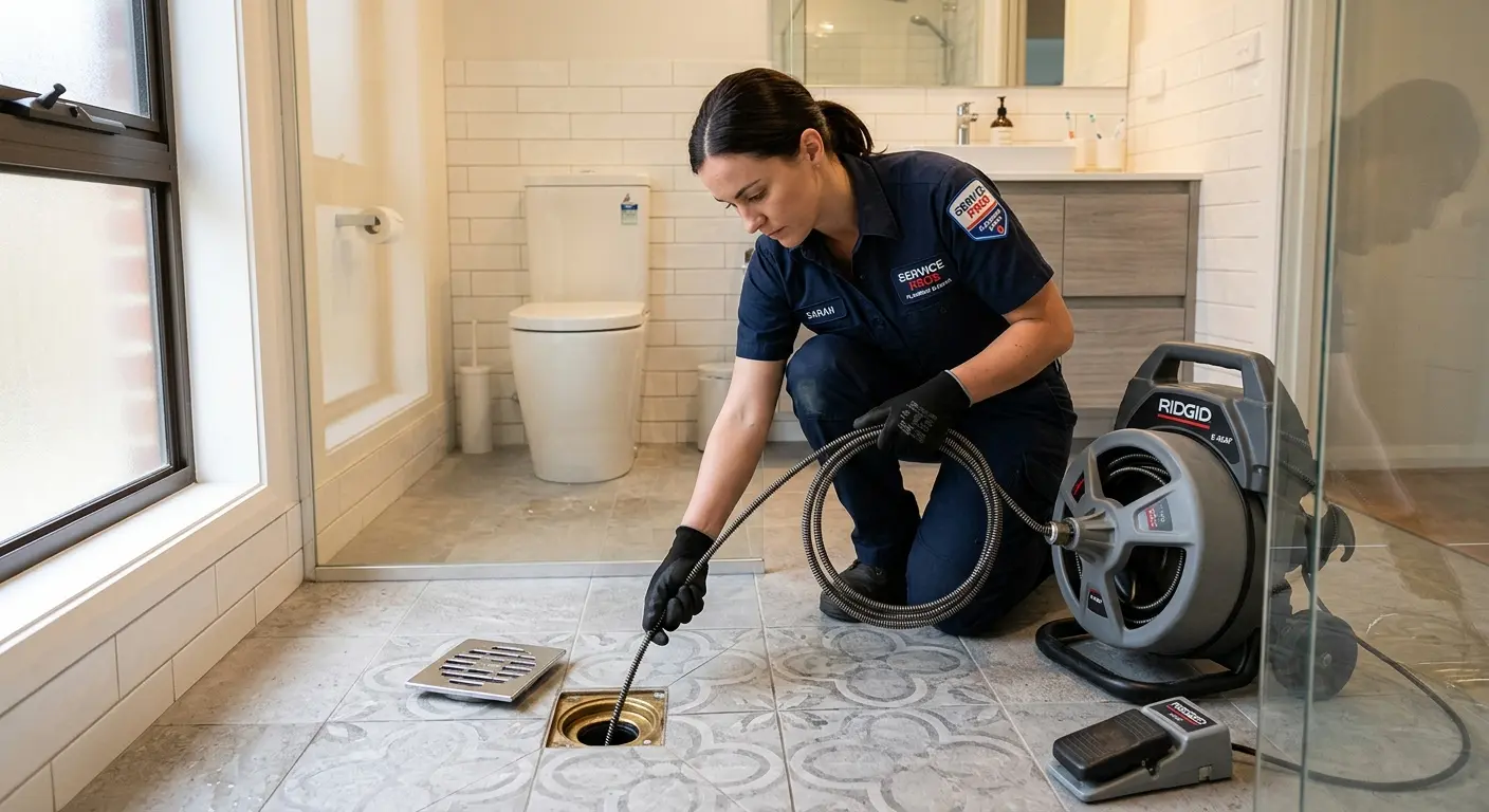 Technician clearing a bathroom floor drain for Drain Cleaning in Abingdon